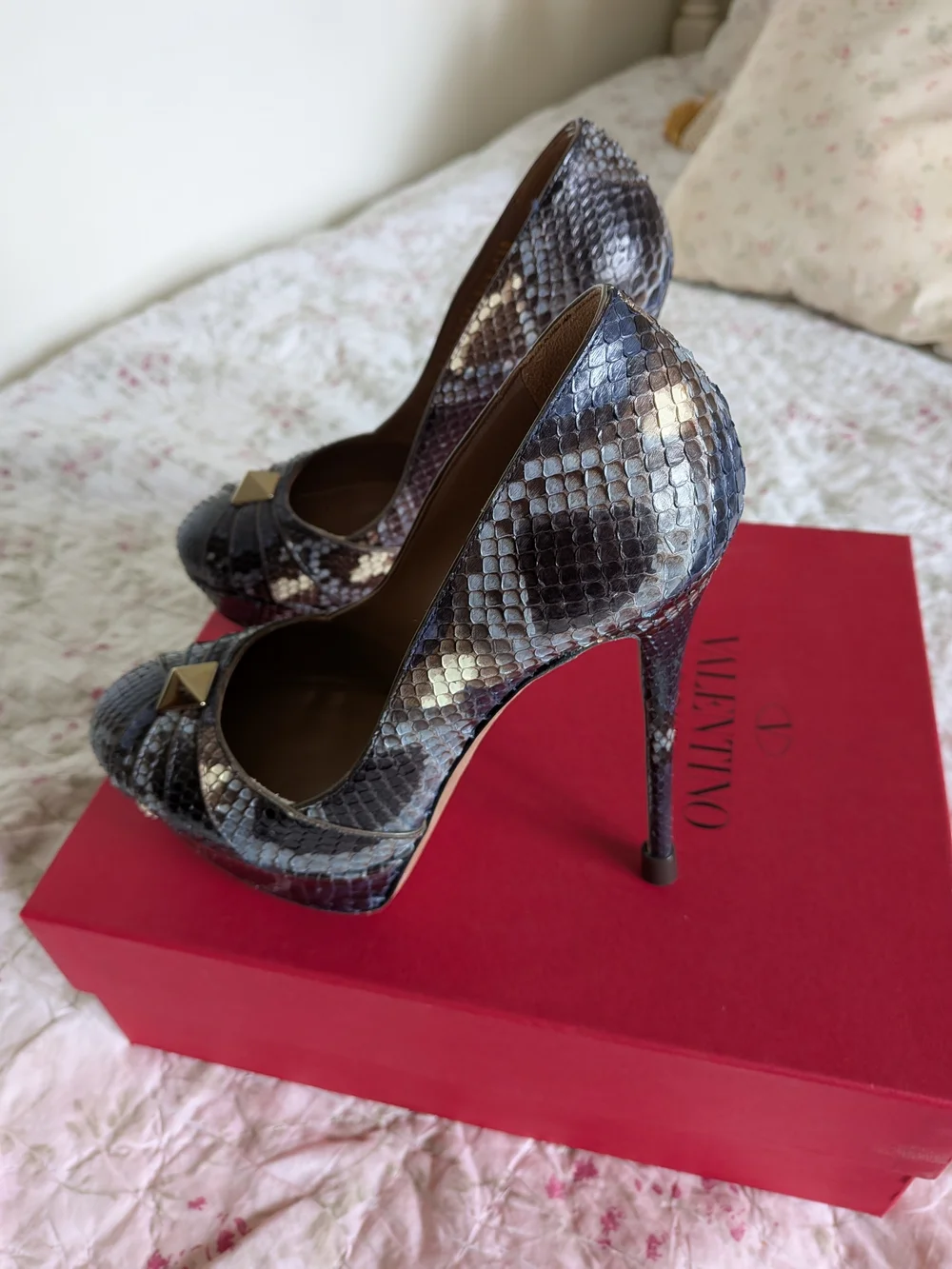 Valentino Brown Snakeskin Platform Pump with Gold Stud